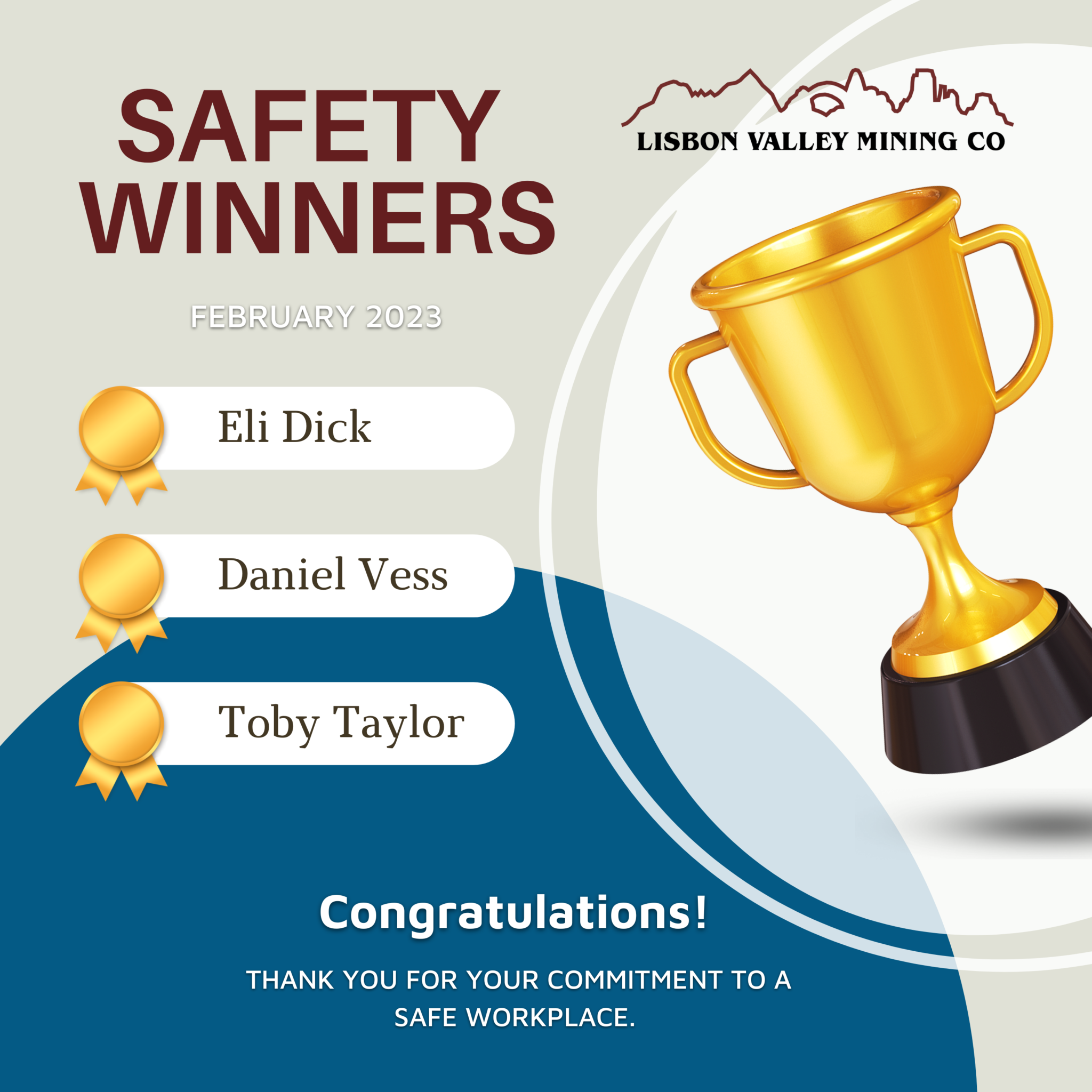 February Safety Winners Lisbon Valley Mining Company