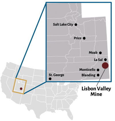 Utah map highlight depicting Lisbon Valley Mine in lower East corner of the state and neighboring towns